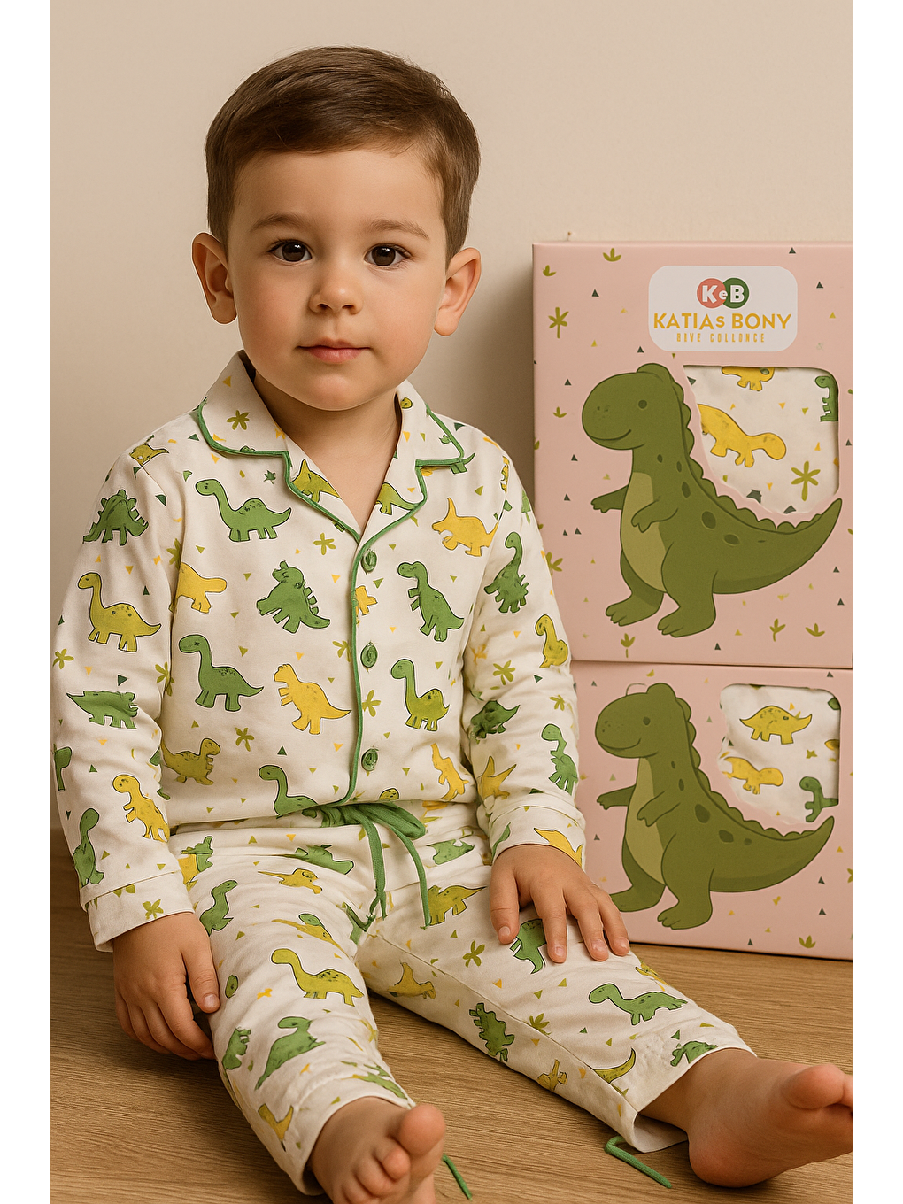 Ekru Erkek Çocuk Dinozor Desenli Kutulu Pijama Takımı-1