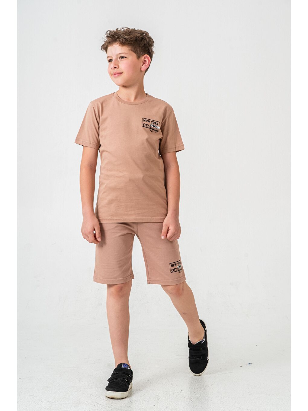 Bej New York City Baskılı  Erkek Çocuk Şort - Tişört Takımı-2