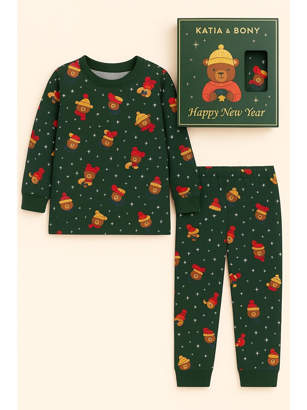 Çocuk Teddy Desenli Kutulu Yılbaşı Pijama Takımı Yeşil