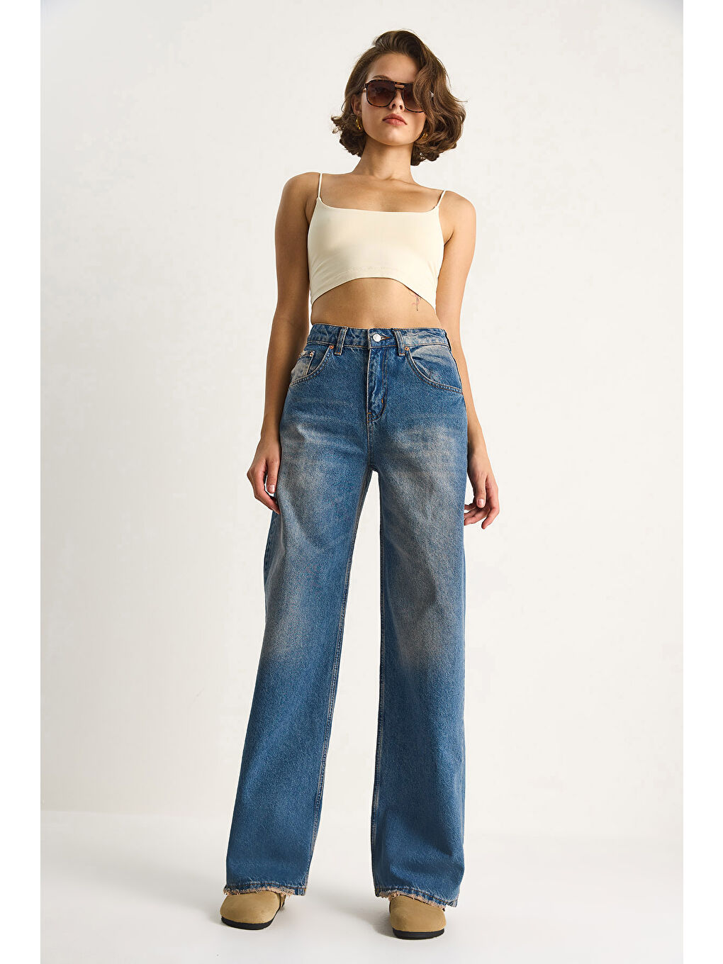 Mavi Kadın Yüksek Bel Soluk Efektli Bol Kesim Denim Pantolon-3