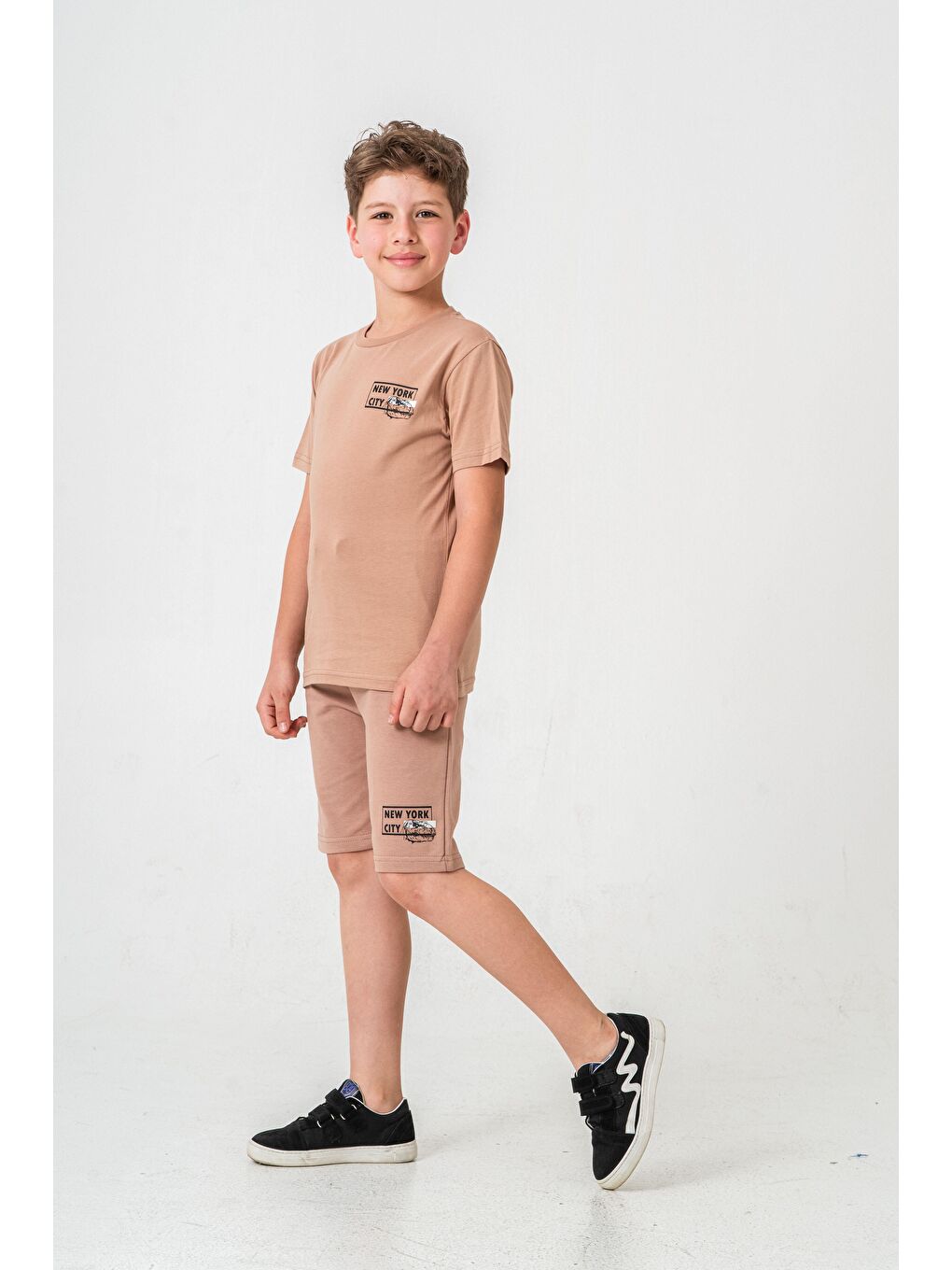 Bej New York City Baskılı  Erkek Çocuk Şort - Tişört Takımı-3