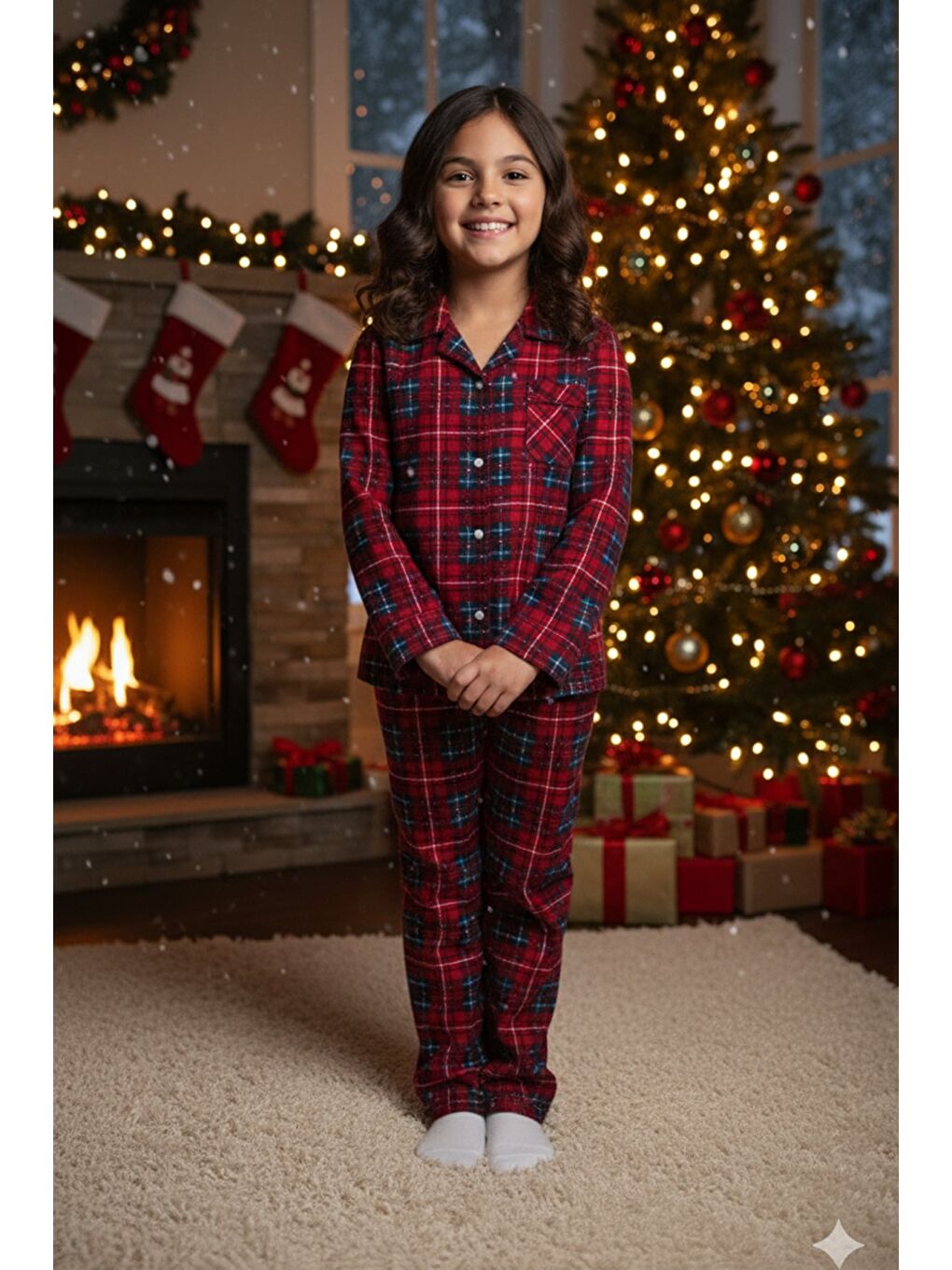 Kırmızı Ekose Desenli Süet Kız Çocuk Pijama Takımı-1