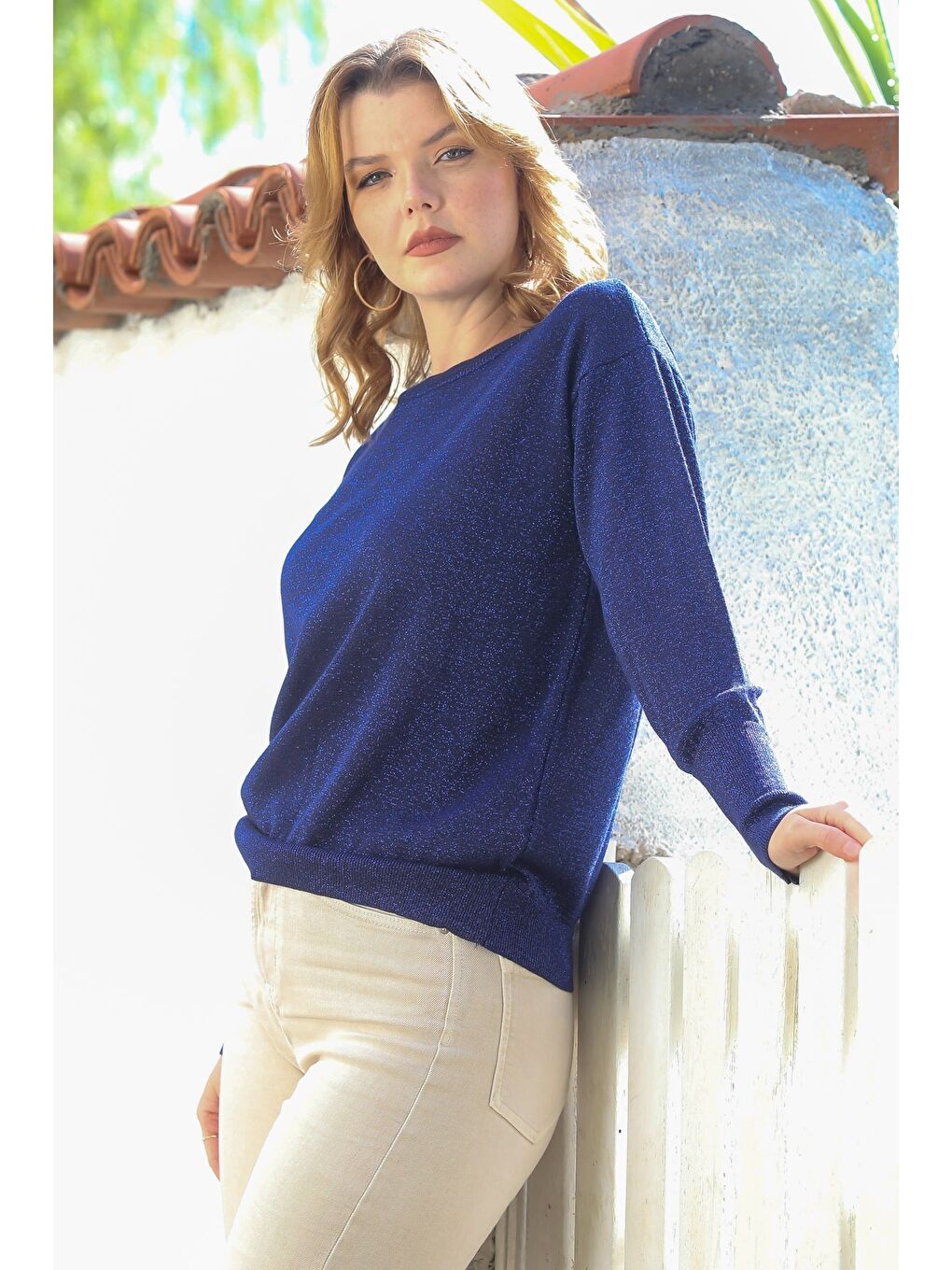 Lacivert Yuvarlak Yaka Uzun Kol İnce Simli Triko Kazak 65 62-2