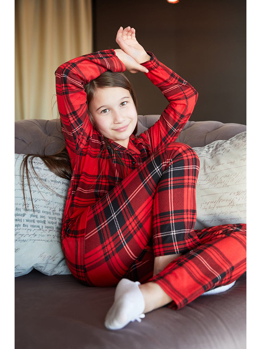 Bordo Ekose Desenli Süet Kız Çocuk Pijama Takımı