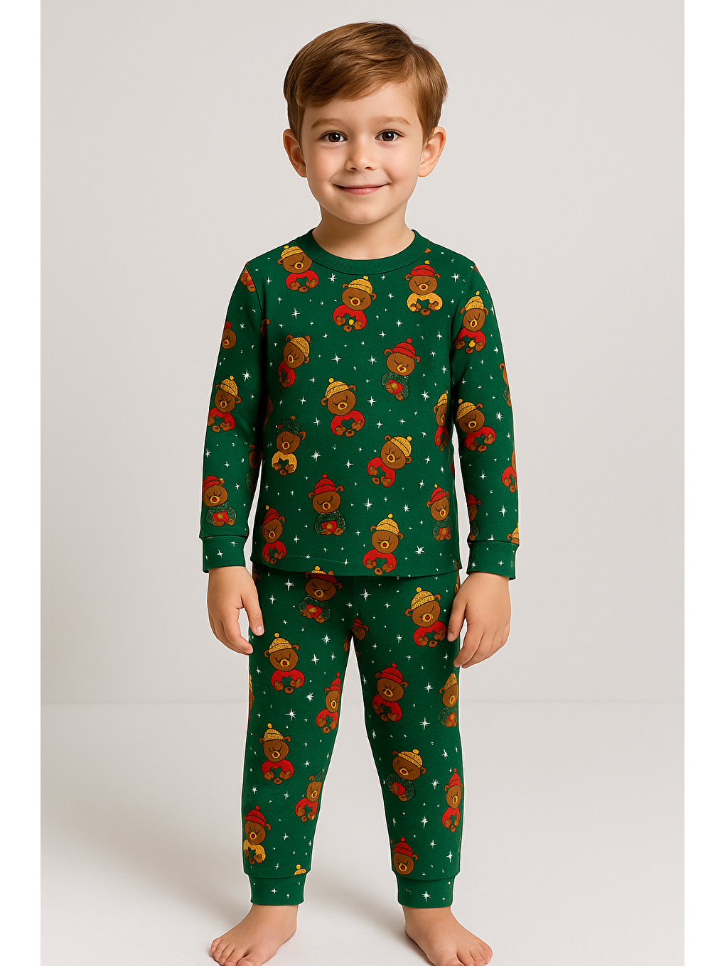 Çocuk Teddy Desenli Kutulu Yılbaşı Pijama Takımı Yeşil-1