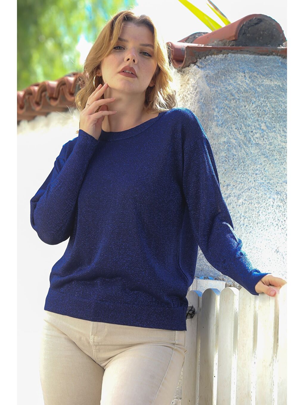 Lacivert Yuvarlak Yaka Uzun Kol İnce Simli Triko Kazak 65 62-3