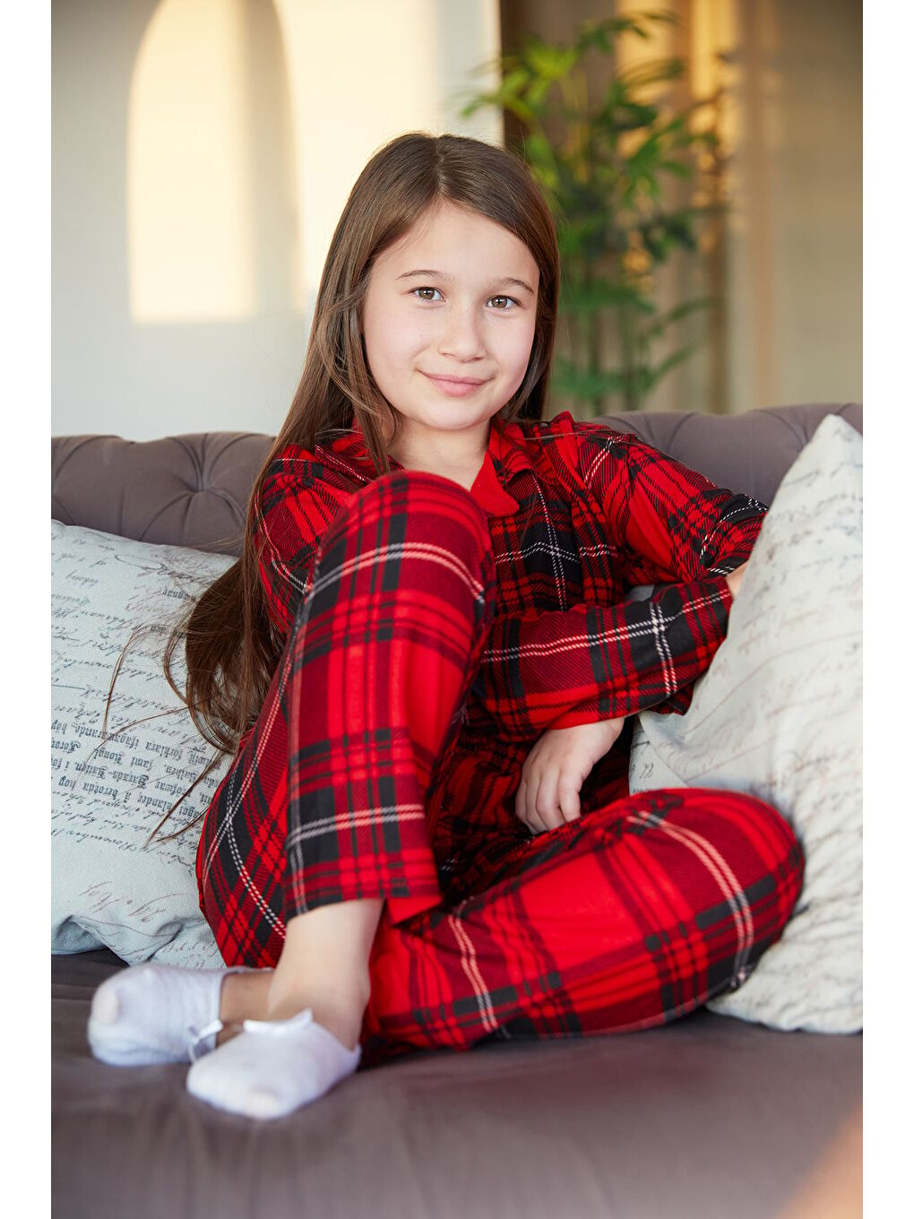 Bordo Ekose Desenli Süet Kız Çocuk Pijama Takımı-1