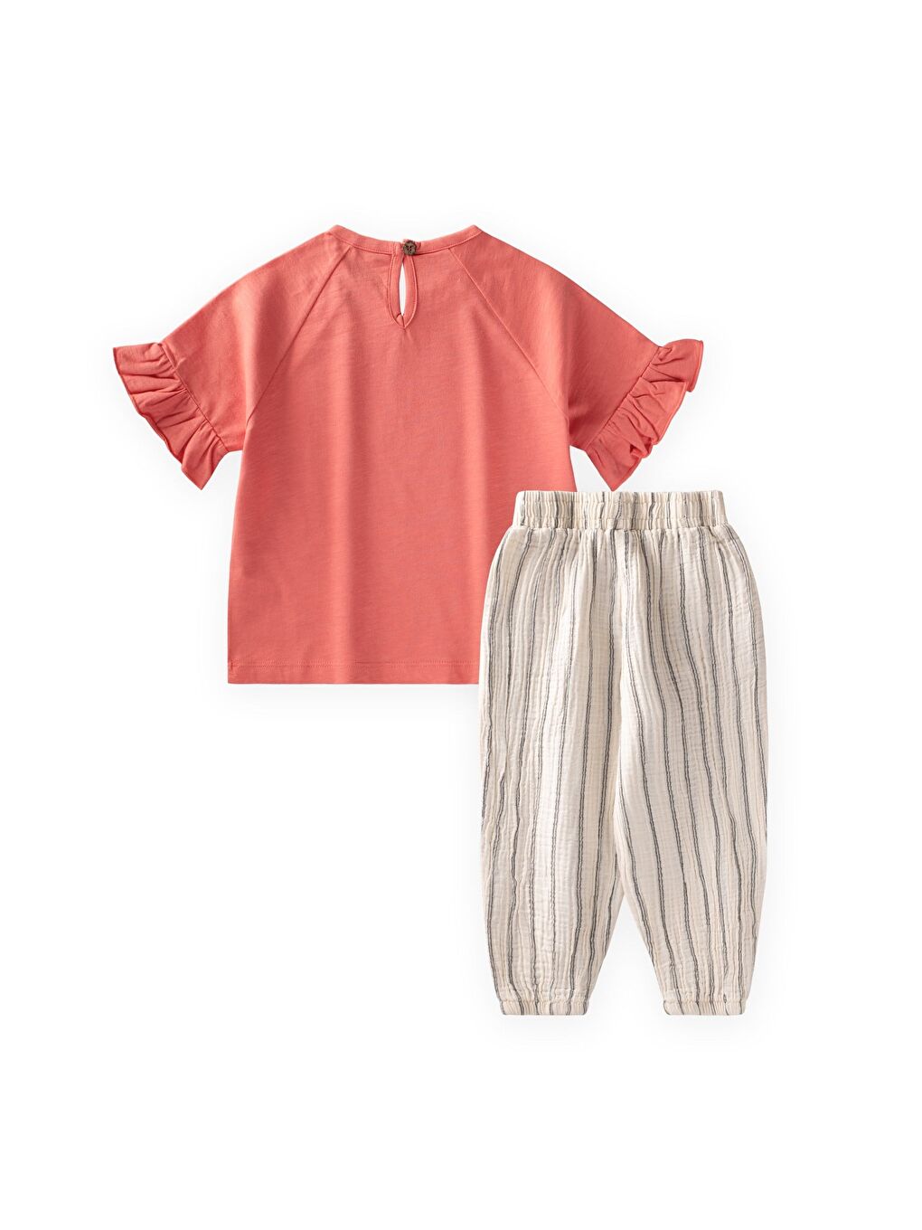 Slow Down Çiçek Baskılı Müslin Çizgili Pantolon Takım 2-10 Yaş Mercan-1