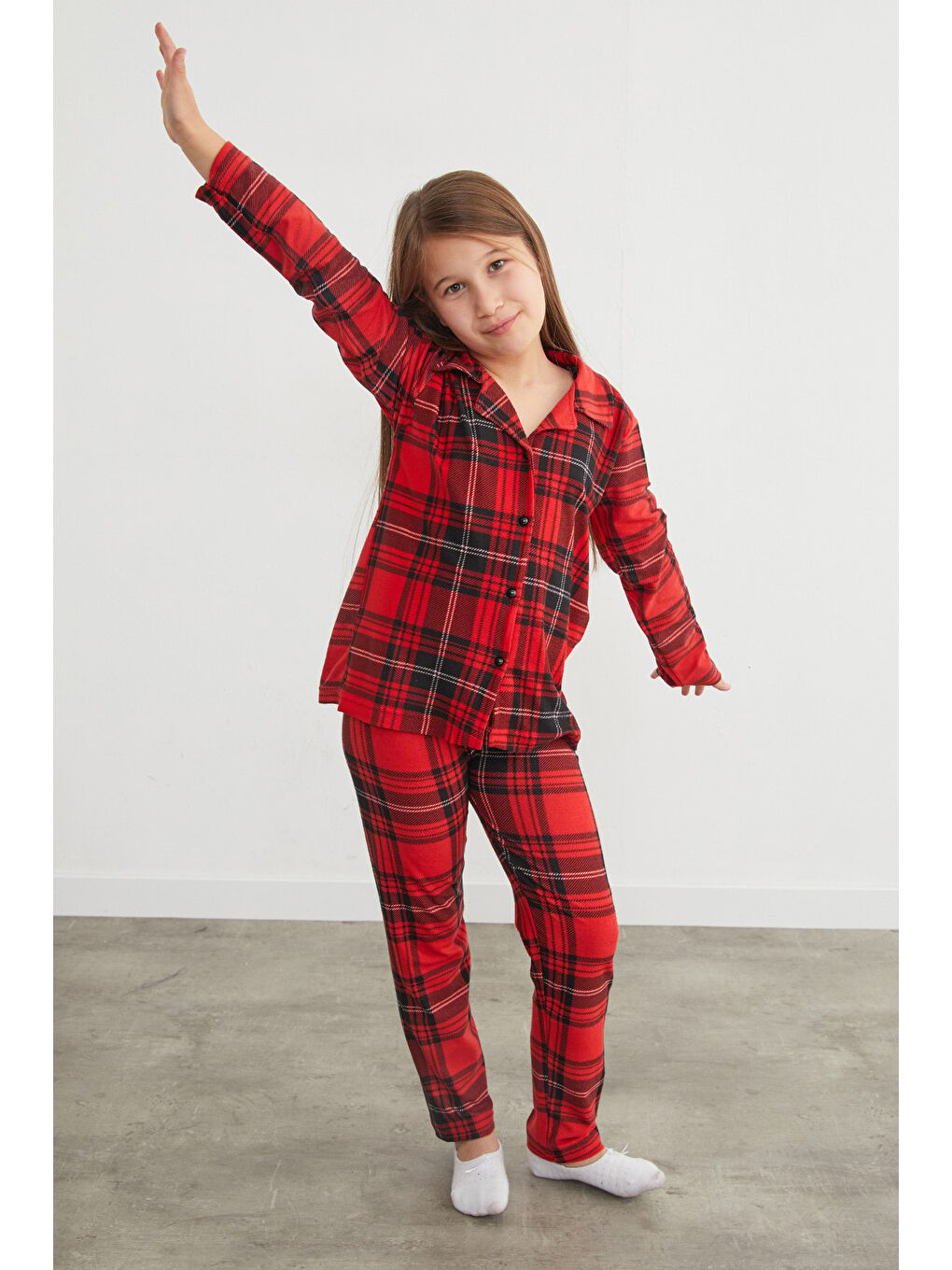 Bordo Ekose Desenli Süet Kız Çocuk Pijama Takımı-2