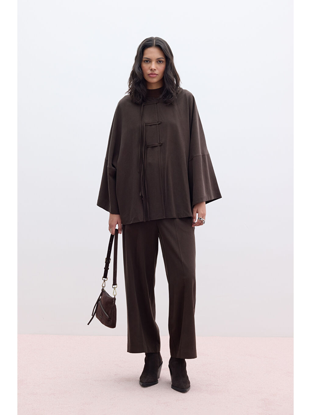 Lyocell Geniş Paça Pantolon Kahverengi