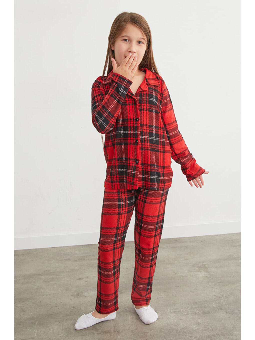 Bordo Ekose Desenli Süet Kız Çocuk Pijama Takımı-3