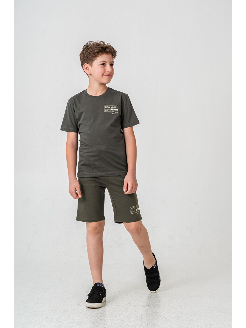 Haki New York City Baskılı  Erkek Çocuk Şort - Tişört Takımı-2