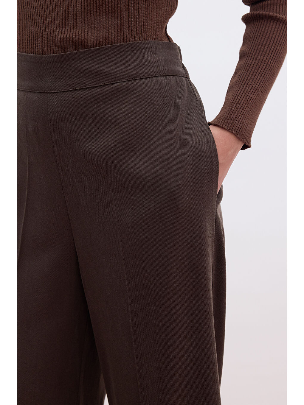 Lyocell Geniş Paça Pantolon Kahverengi-3