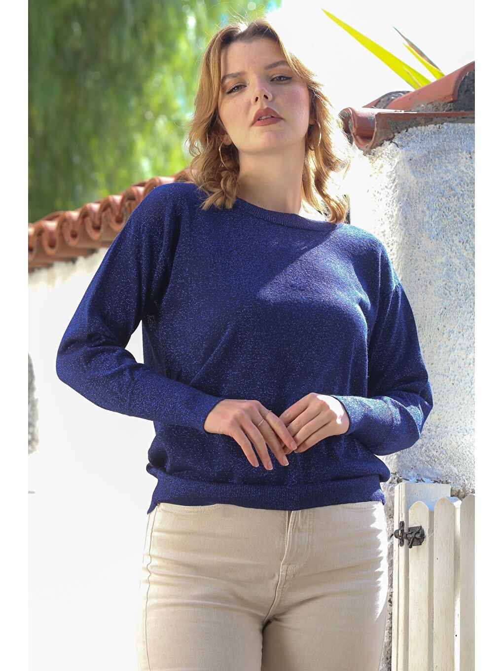 Lacivert Yuvarlak Yaka Uzun Kol İnce Simli Triko Kazak 65 62-5