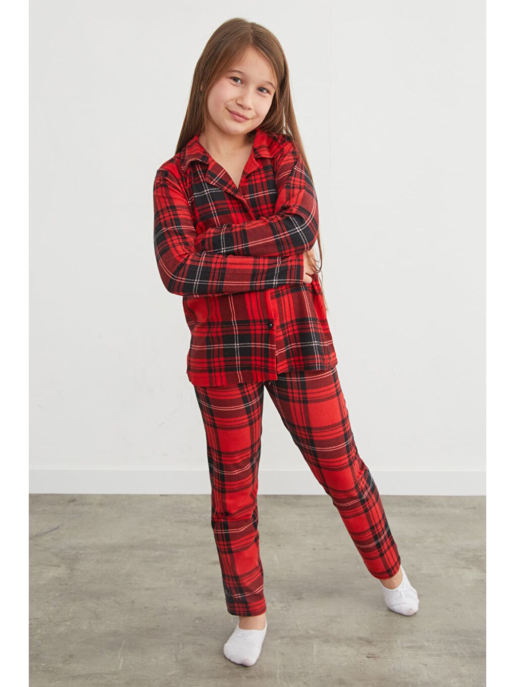 Bordo Ekose Desenli Süet Kız Çocuk Pijama Takımı-4