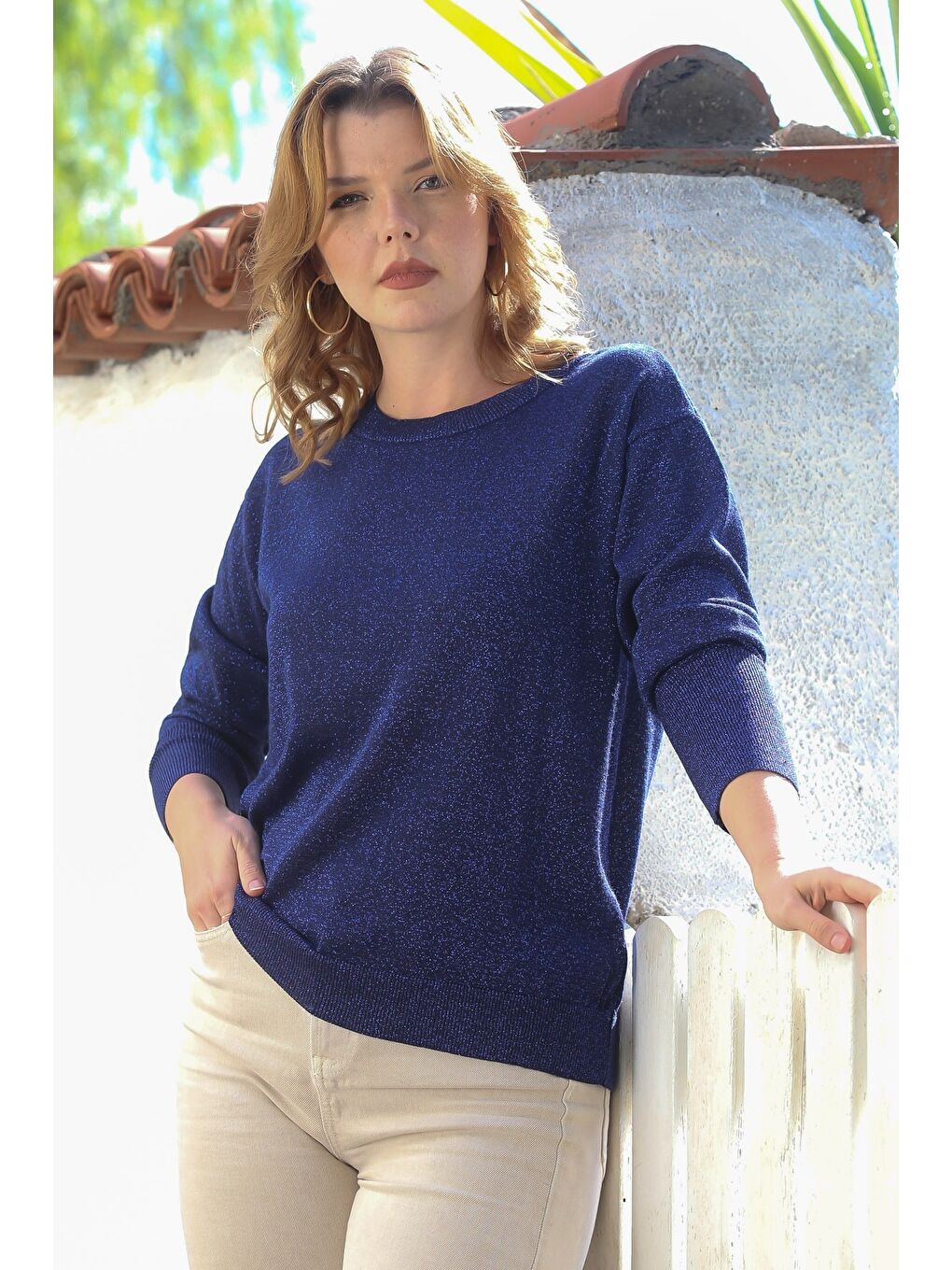 Lacivert Yuvarlak Yaka Uzun Kol İnce Simli Triko Kazak 65 62-6