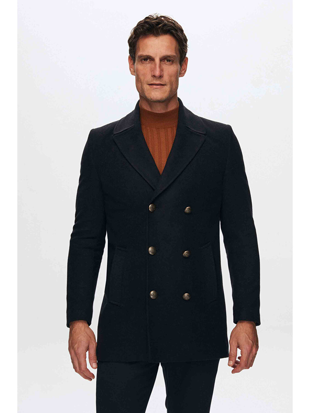 Regular Fit Lacivert Kruvaze Denizci Metal Düğme Detaylı Kaşe Kaban