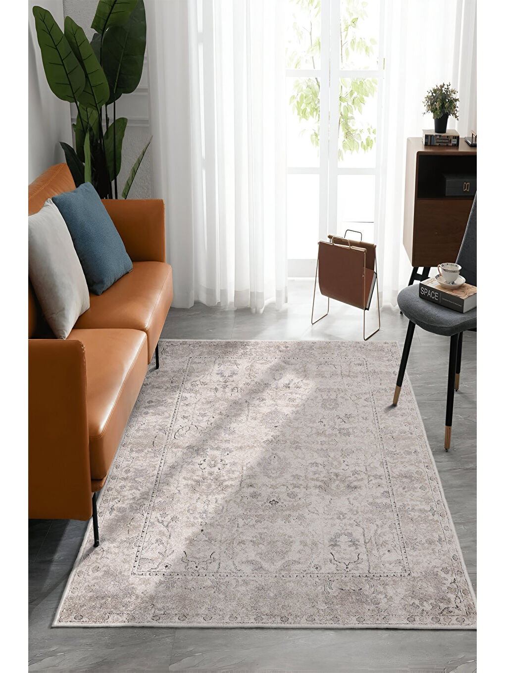 Bej Dekoratif Özel Tasarım Yıkanabilir İnce Kaymaz Tabanlı Modern Halı KECE FR04-1