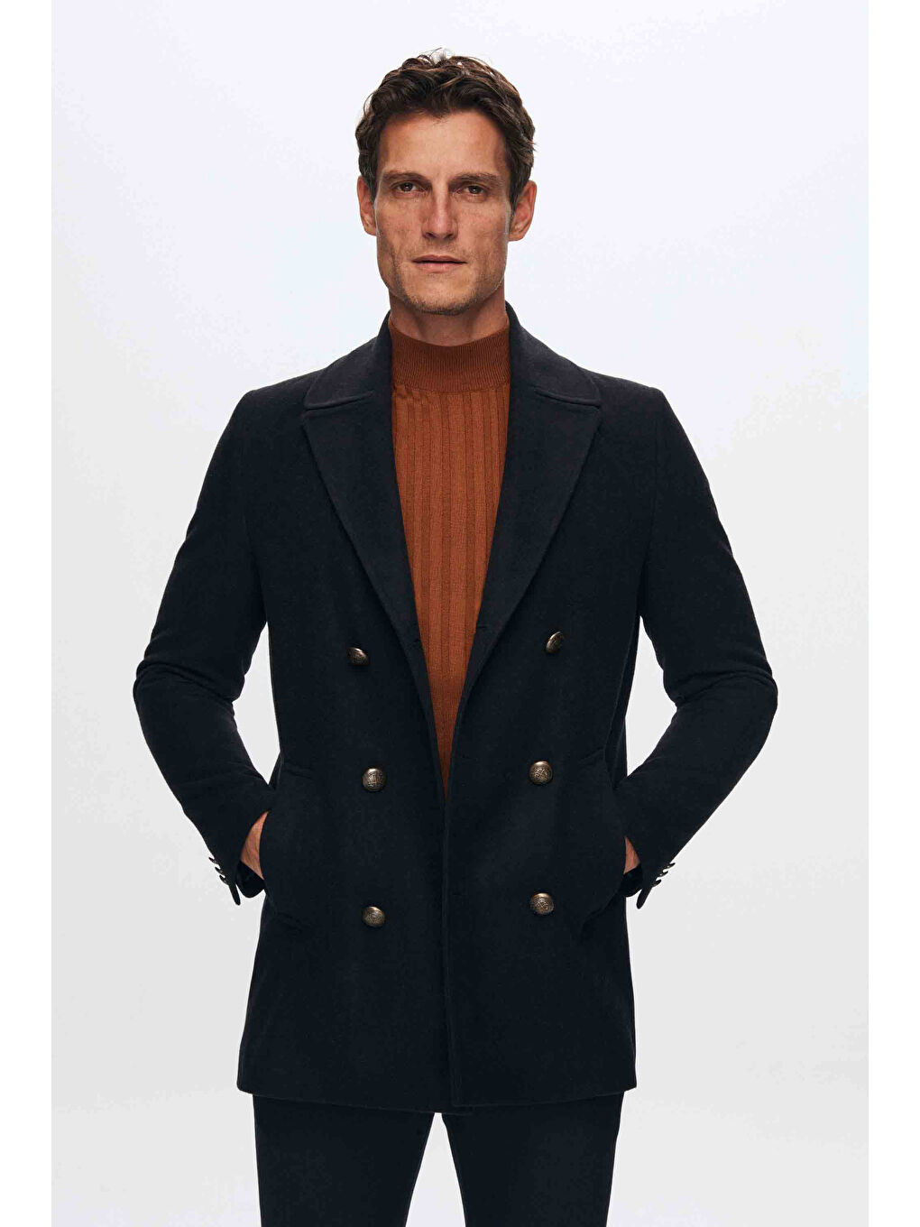 Regular Fit Lacivert Kruvaze Denizci Metal Düğme Detaylı Kaşe Kaban-1