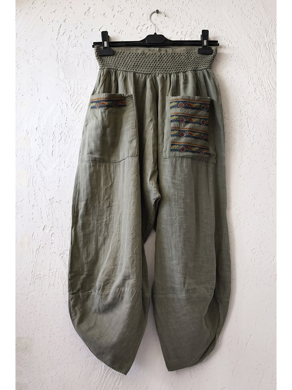 Haki Nakışlı Cepli Lastikli Bel Şalvar Paça Casual Keten Görünümlü Dokuma Pantolon 90 68-1