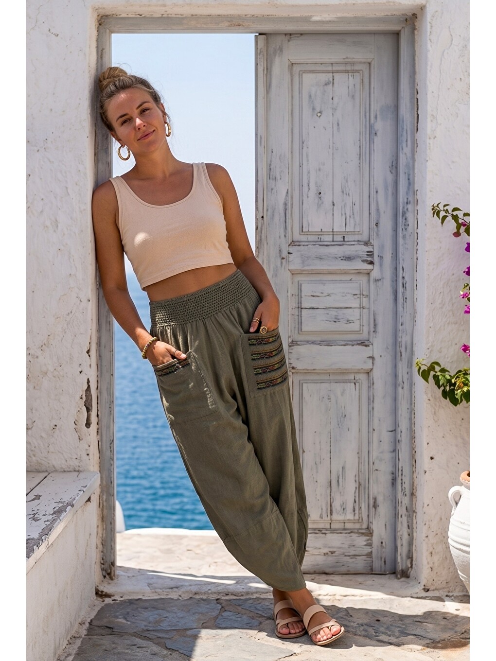 Haki Nakışlı Cepli Lastikli Bel Şalvar Paça Casual Keten Görünümlü Dokuma Pantolon 90 68-2