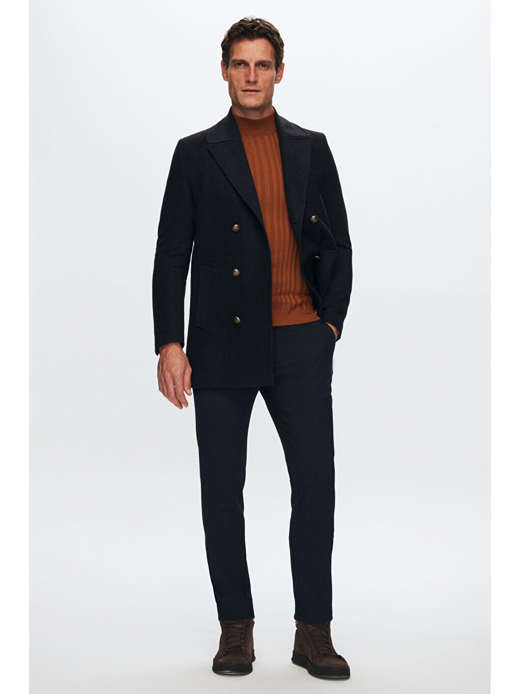 Regular Fit Lacivert Kruvaze Denizci Metal Düğme Detaylı Kaşe Kaban-6