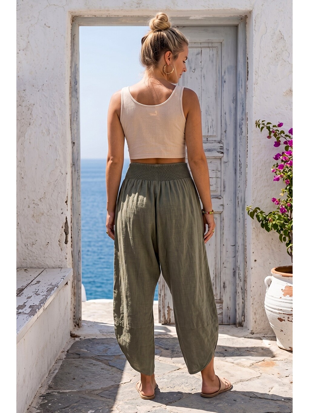 Haki Nakışlı Cepli Lastikli Bel Şalvar Paça Casual Keten Görünümlü Dokuma Pantolon 90 68-7