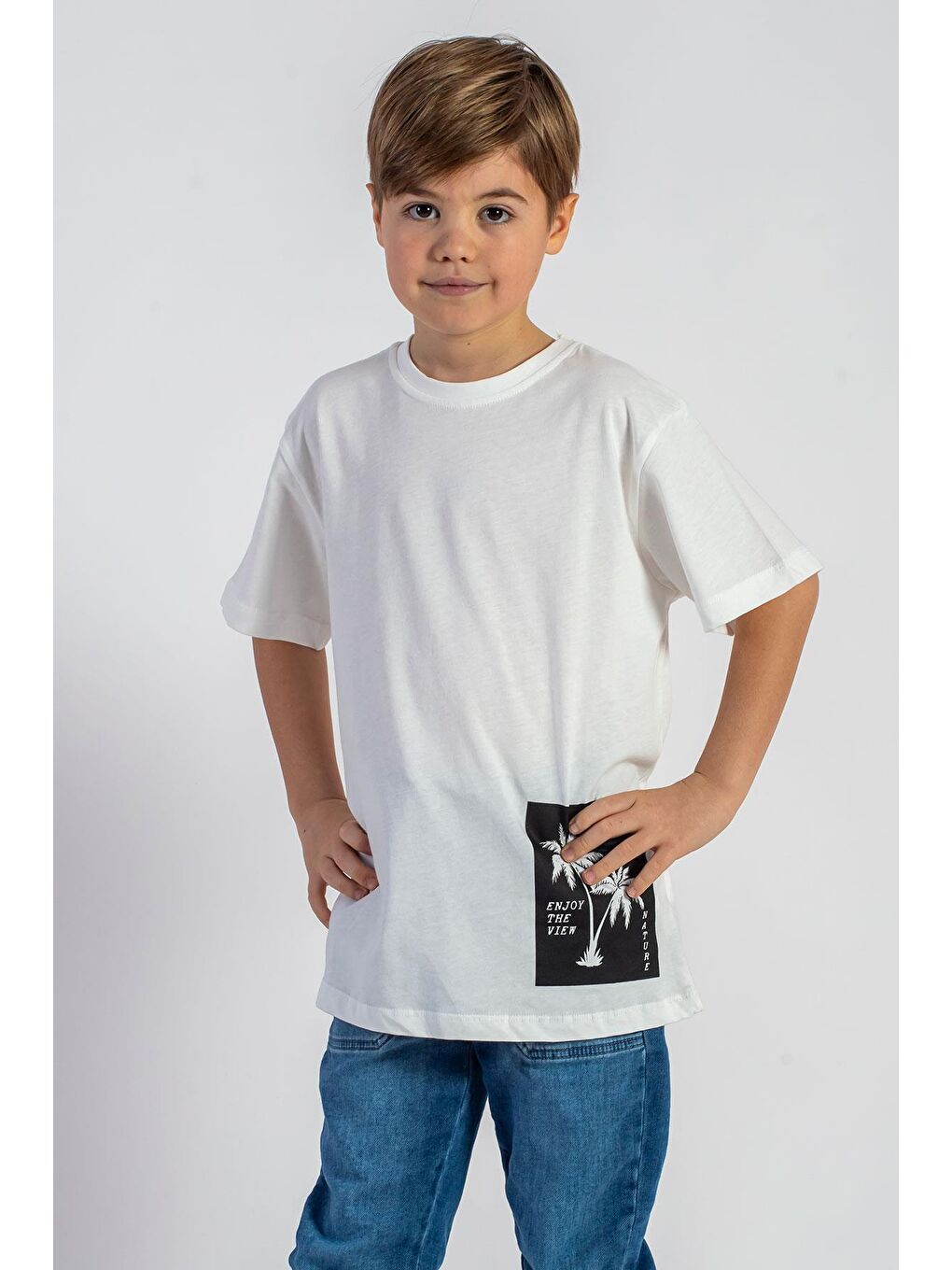 Bisiklet Yaka Kısa Kol Palmiye Baskılı Ekru Renk Erkek Çocuk Tshirt