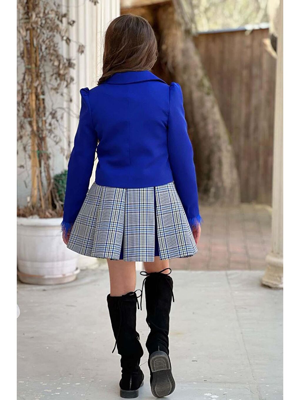 Kız Çocuk Blazer Ceket, Kravat Çizgili Parlament Mavi Etekli Takım-3