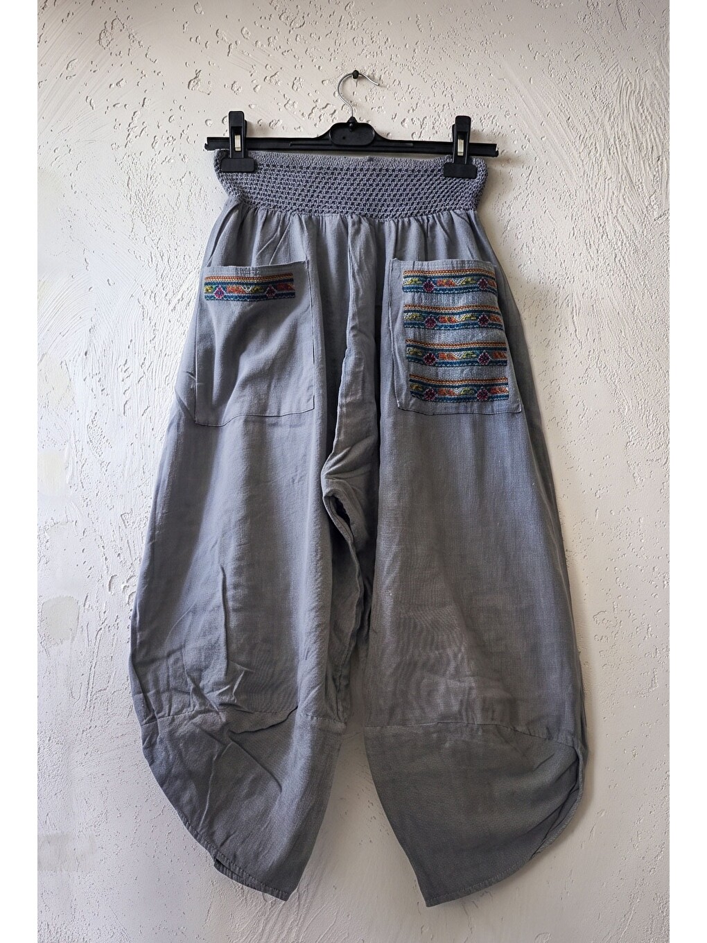 Gri Nakışlı Cepli Lastikli Bel Şalvar Paça Casual Keten Görünümlü Dokuma Pantolon 90 68-1