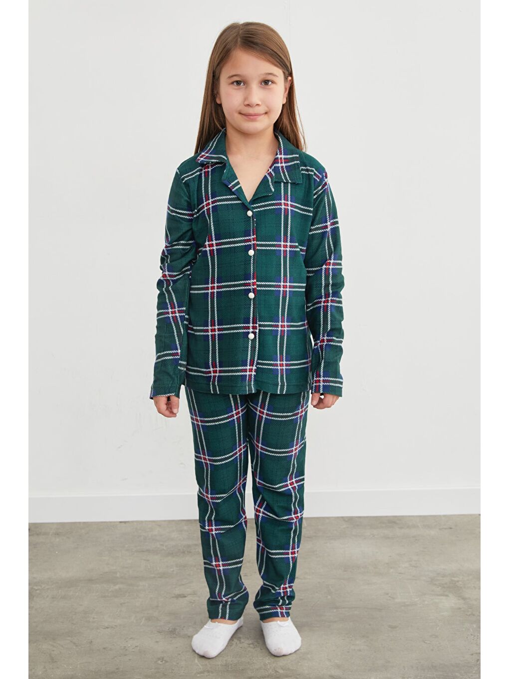 Haki Ekose Desenli Süet Kız Çocuk Pijama Takımı-2