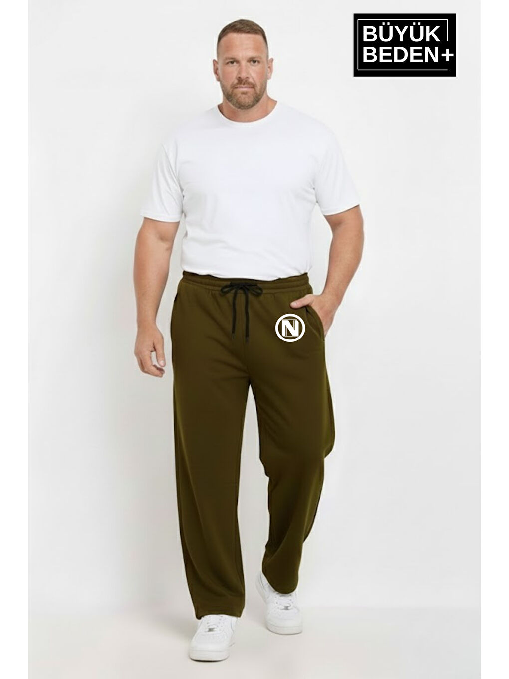 Haki Erkek Büyük Beden N Logo Baskılı Rahat Kesim Lastikli Bel Paça Reçme Eşofman Altı SPR26EA952-4