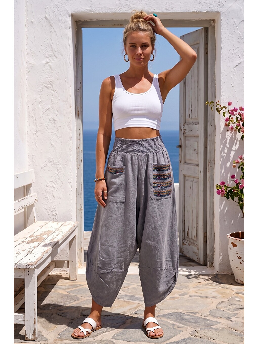 Gri Nakışlı Cepli Lastikli Bel Şalvar Paça Casual Keten Görünümlü Dokuma Pantolon 90 68-4