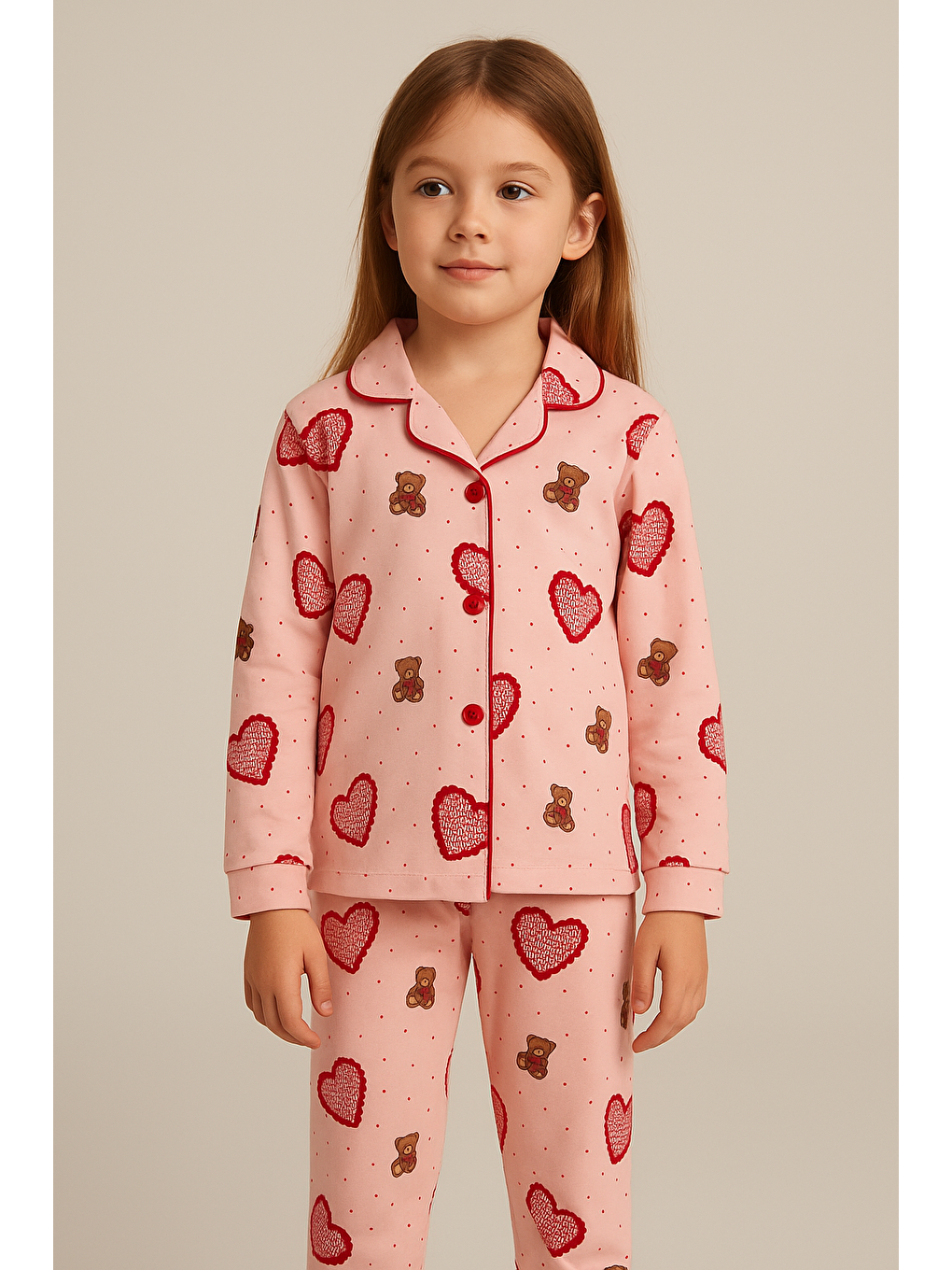 Kız Çocuk Kalpli Teddy Desenli Pijama Takımı Pembe