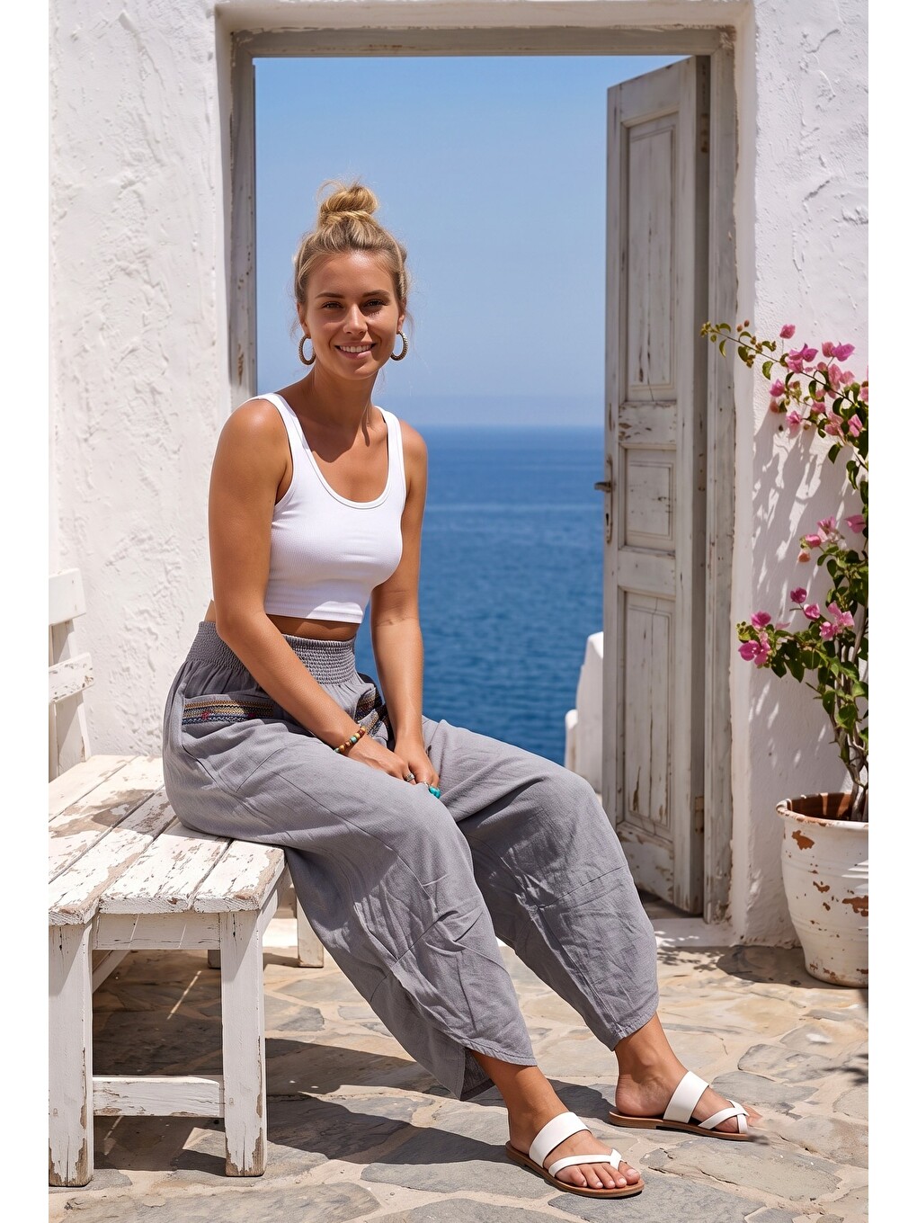 Gri Nakışlı Cepli Lastikli Bel Şalvar Paça Casual Keten Görünümlü Dokuma Pantolon 90 68-5