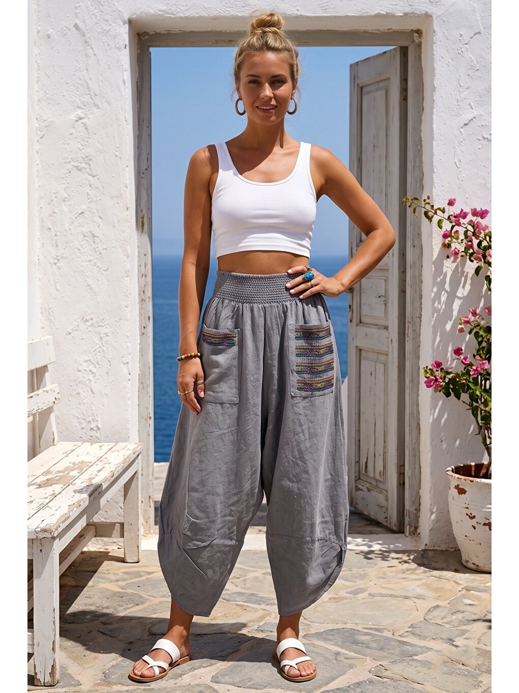 Gri Nakışlı Cepli Lastikli Bel Şalvar Paça Casual Keten Görünümlü Dokuma Pantolon 90 68-6
