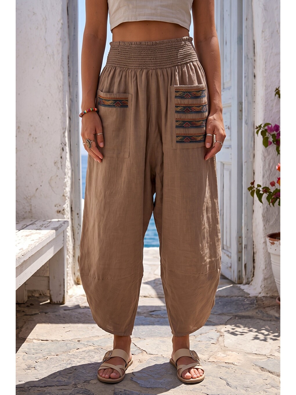 Kahverengi Camel Nakışlı Cepli Lastikli Bel Şalvar Paça Casual Keten Görünümlü Dokuma Pantolon 90 68