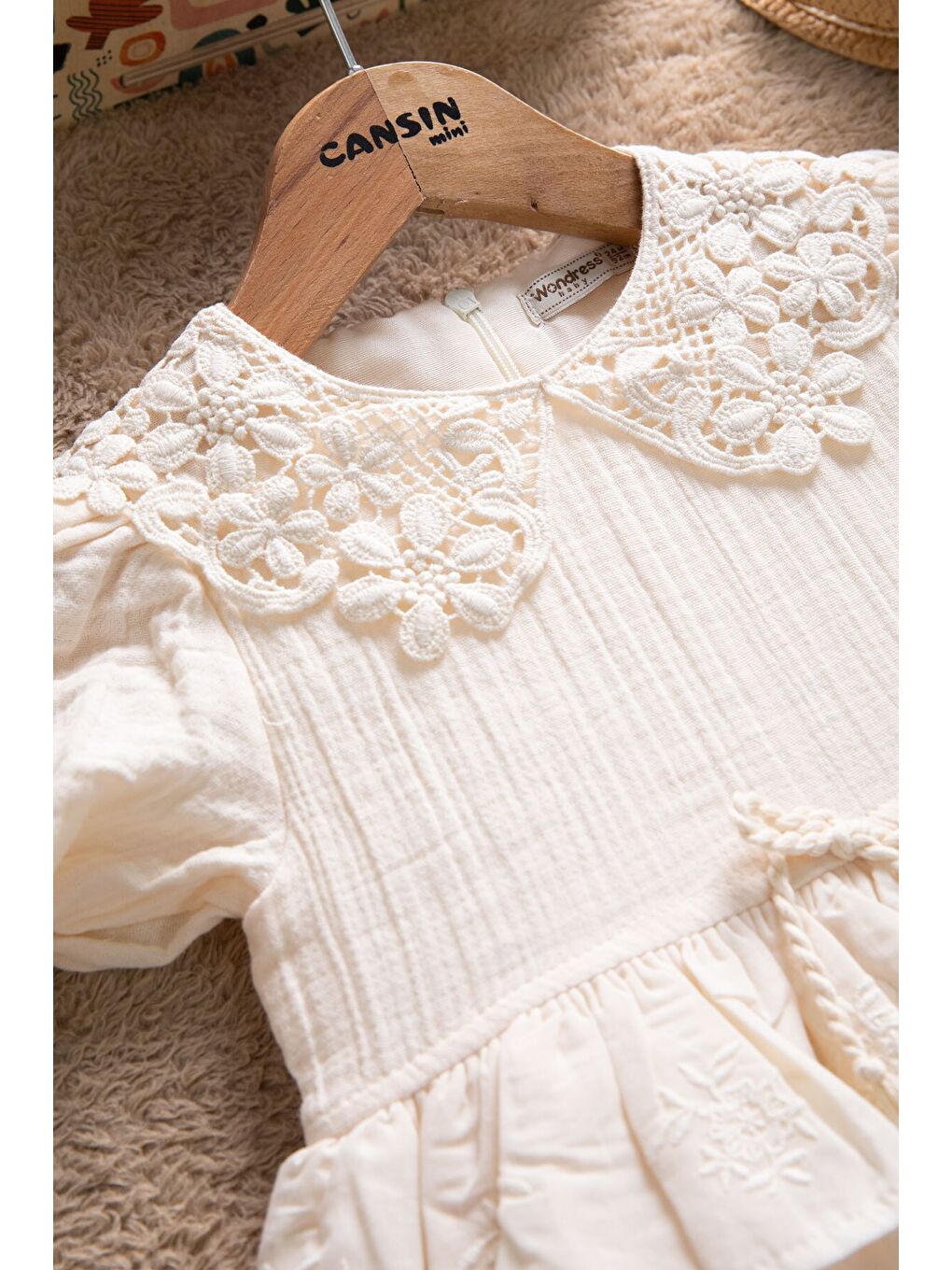 Ekru Krem Dantel Yakalı Kız Bebek Kısa Kol Elbise 22666-1