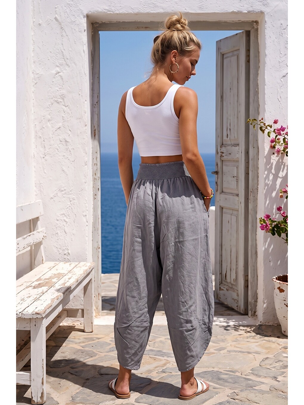 Gri Nakışlı Cepli Lastikli Bel Şalvar Paça Casual Keten Görünümlü Dokuma Pantolon 90 68-7