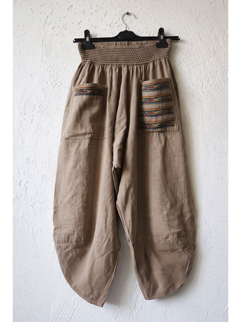 Kahverengi Camel Nakışlı Cepli Lastikli Bel Şalvar Paça Casual Keten Görünümlü Dokuma Pantolon 90 68-1