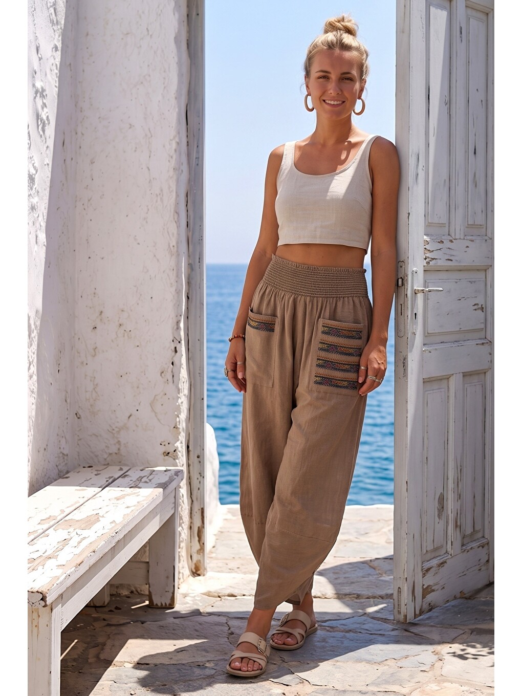 Kahverengi Camel Nakışlı Cepli Lastikli Bel Şalvar Paça Casual Keten Görünümlü Dokuma Pantolon 90 68-2