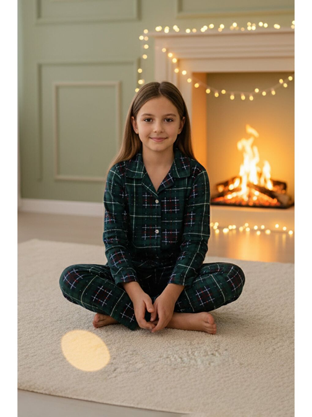 Yeşil Ekose Desenli Süet Kız Çocuk Pijama Takımı-1