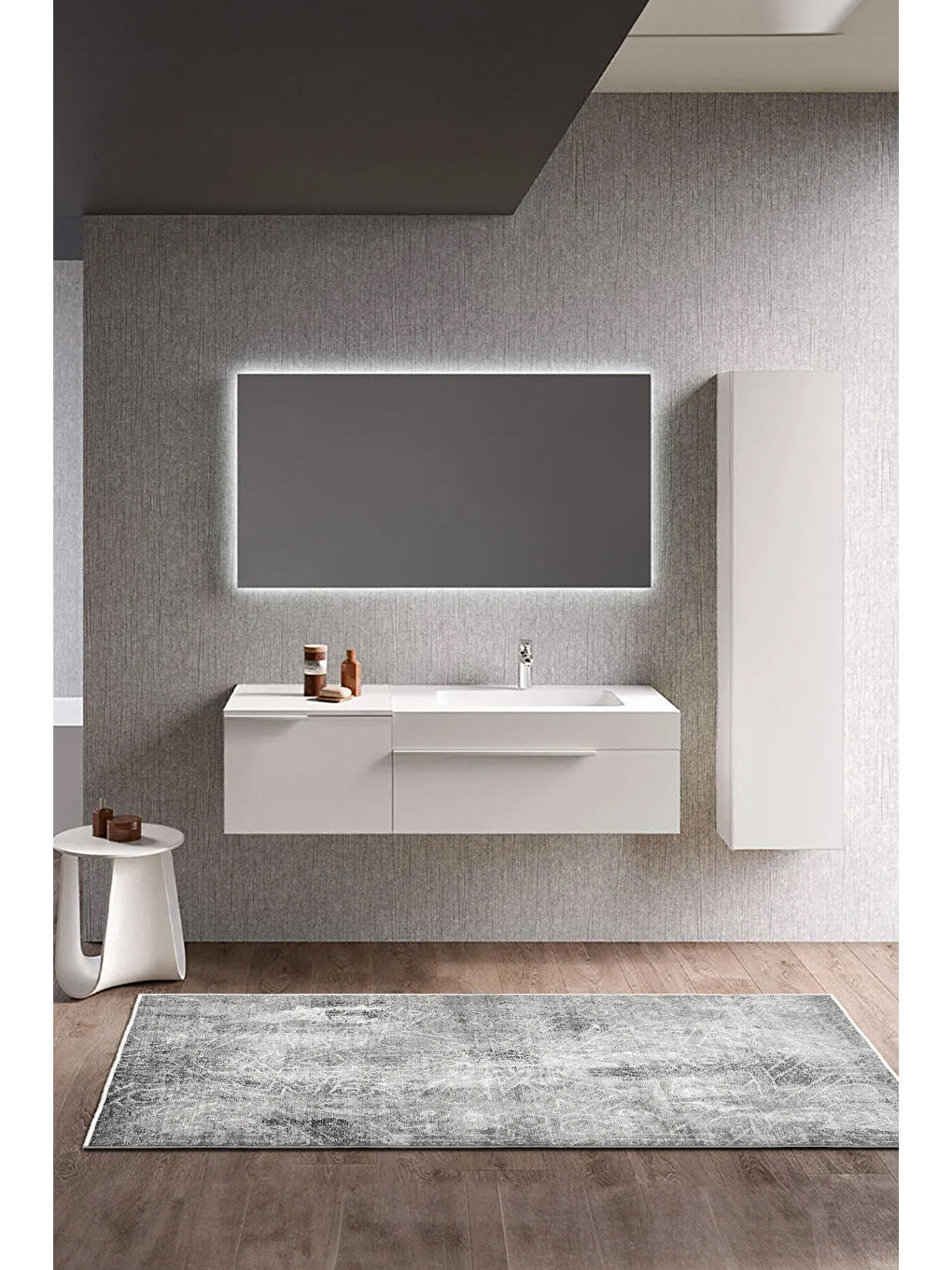 Gri Dekoratif Özel Tasarım Yıkanabilir İnce Kaymaz Tabanlı Modern Halı KECE FR02-3