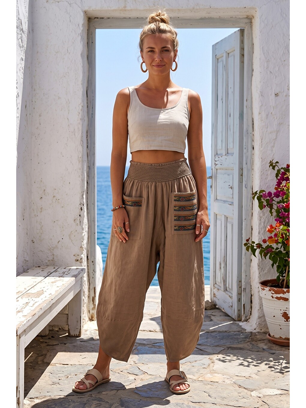 Kahverengi Camel Nakışlı Cepli Lastikli Bel Şalvar Paça Casual Keten Görünümlü Dokuma Pantolon 90 68-3