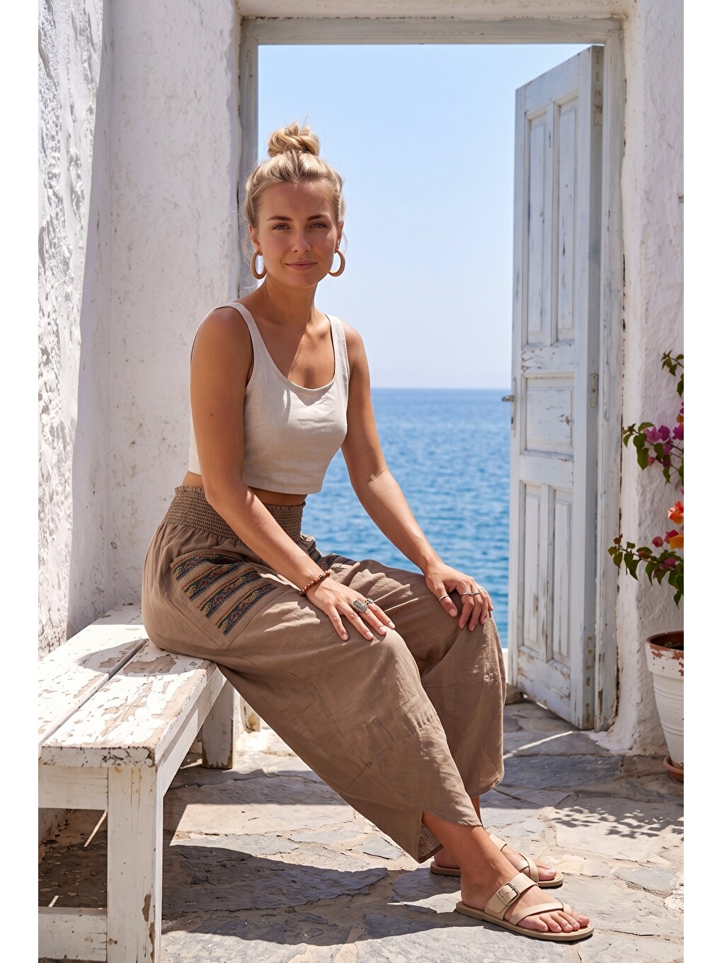 Kahverengi Camel Nakışlı Cepli Lastikli Bel Şalvar Paça Casual Keten Görünümlü Dokuma Pantolon 90 68-4