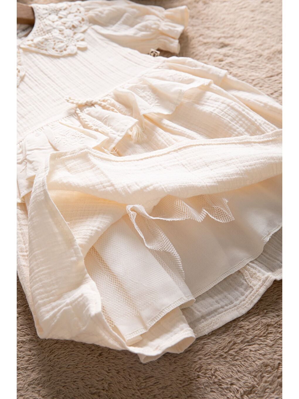 Ekru Krem Dantel Yakalı Kız Bebek Kısa Kol Elbise 22666-3