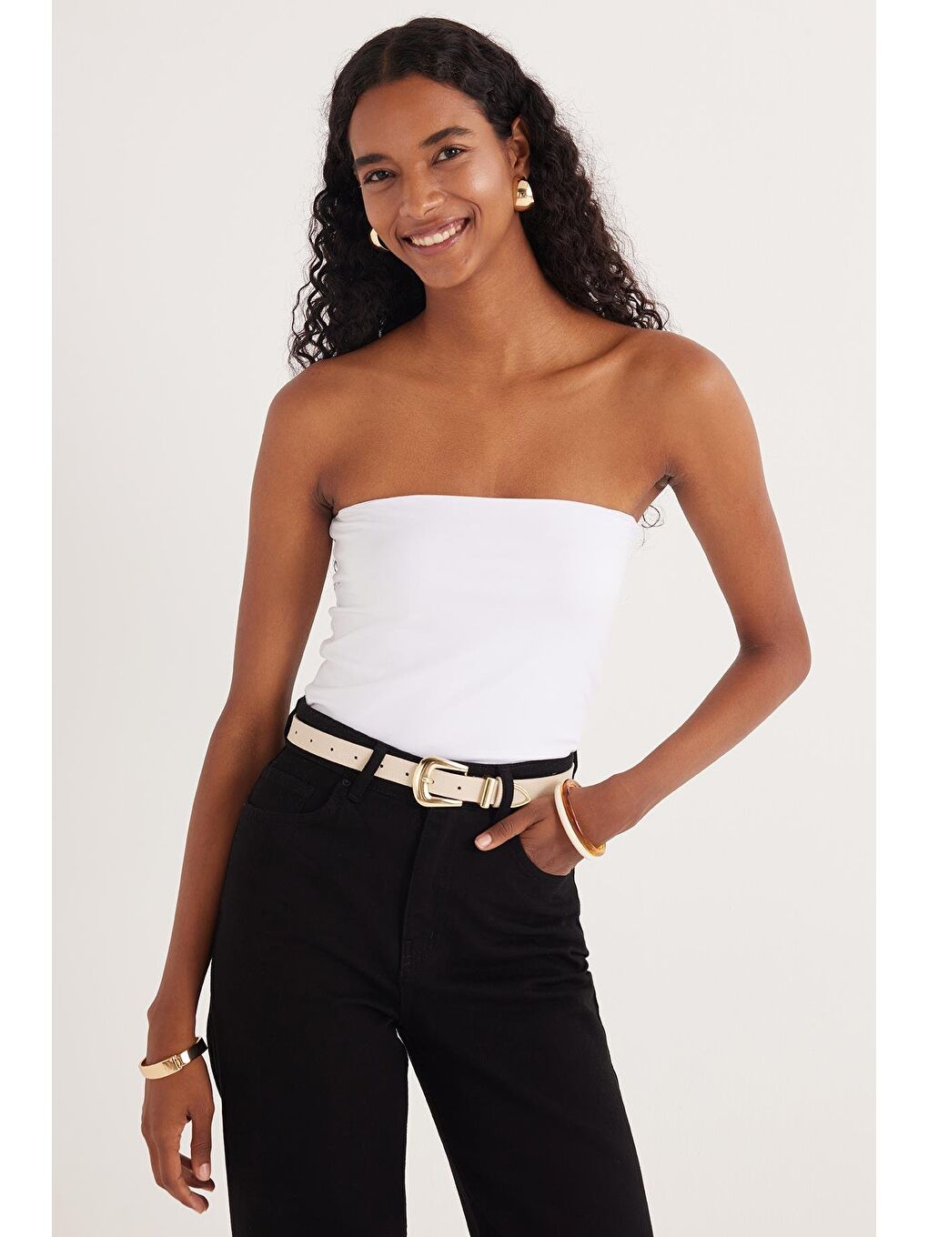 Kadın Slim Fit Dar Kesim Straplez Beyaz Body