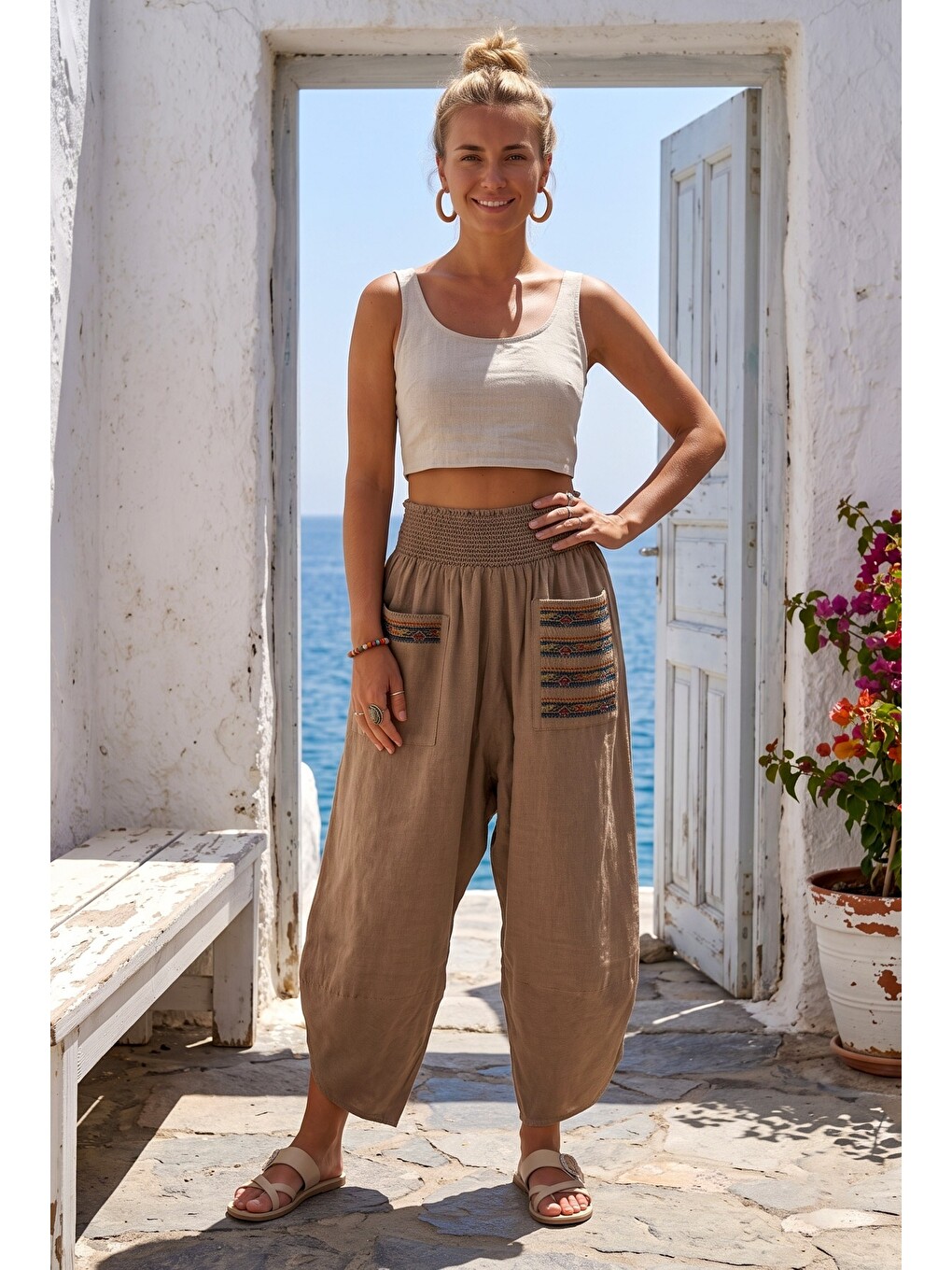 Kahverengi Camel Nakışlı Cepli Lastikli Bel Şalvar Paça Casual Keten Görünümlü Dokuma Pantolon 90 68-5