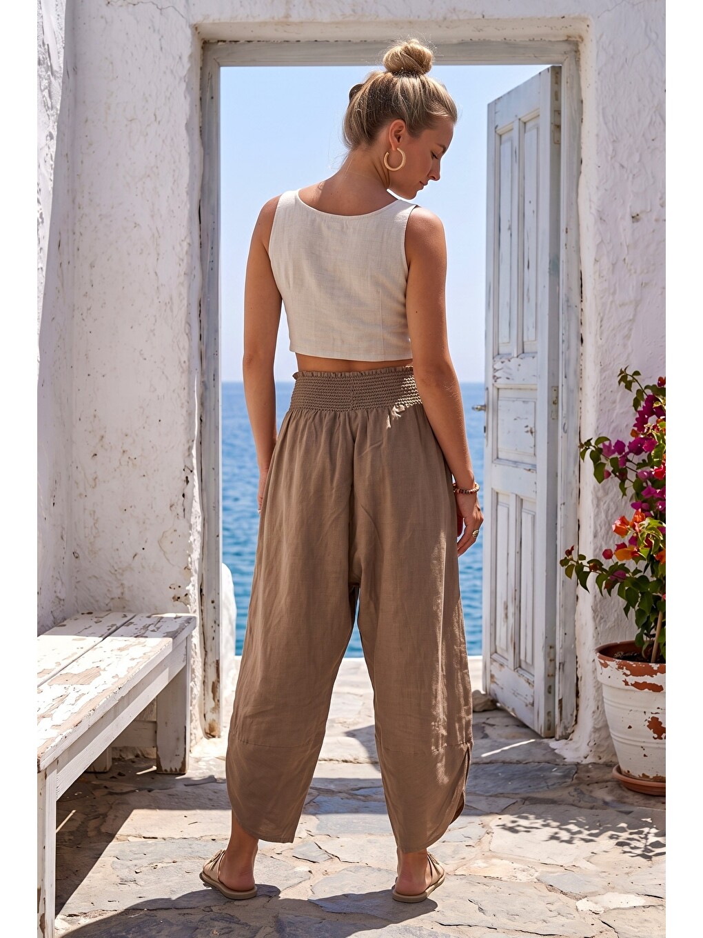 Kahverengi Camel Nakışlı Cepli Lastikli Bel Şalvar Paça Casual Keten Görünümlü Dokuma Pantolon 90 68-6