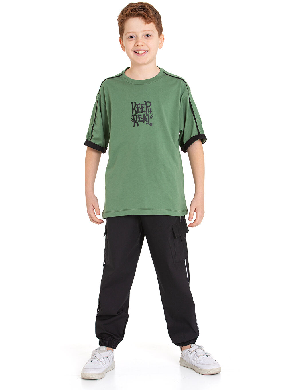 Haki Erkek Çocuk 2'li Takım (Jogger Paraşüt Pantolon+Tişört) P1167-69